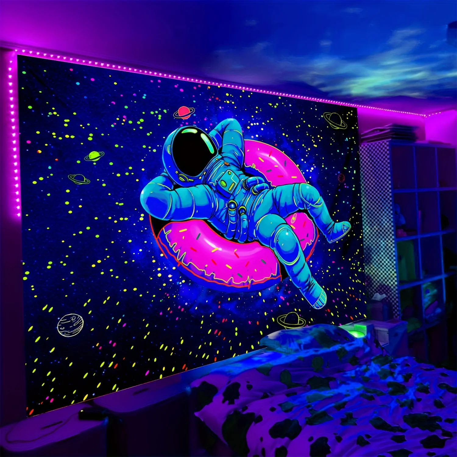 Neon Astronaut Tapestry, Glowing Space Swim Ring Wall Hanging,  Reactive Room Decor, Cyberpunk Bedroom Blanket, Gift