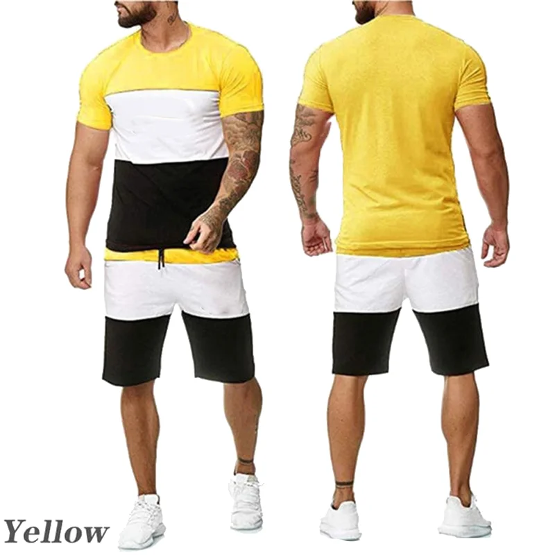 2023 New Fashion Spliced Short sleeved T-shirt+Shorts Set Men's Casual Sports Set Striped Sportswear (S-4XL)