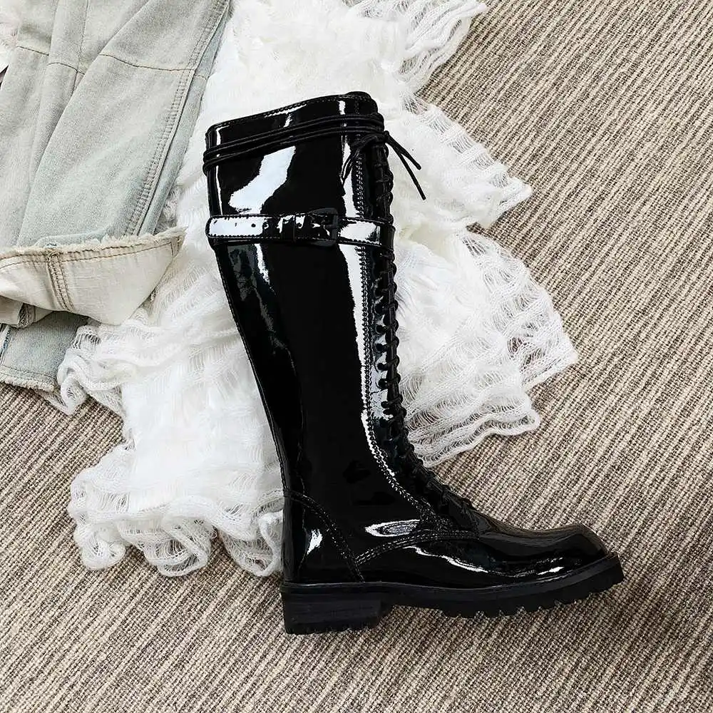 Krazing Pot Cow Patent Leather Cross-tied Round Toe Rock Singer Equestrian Long Boots Big Size Platform Warm Thigh High Boots