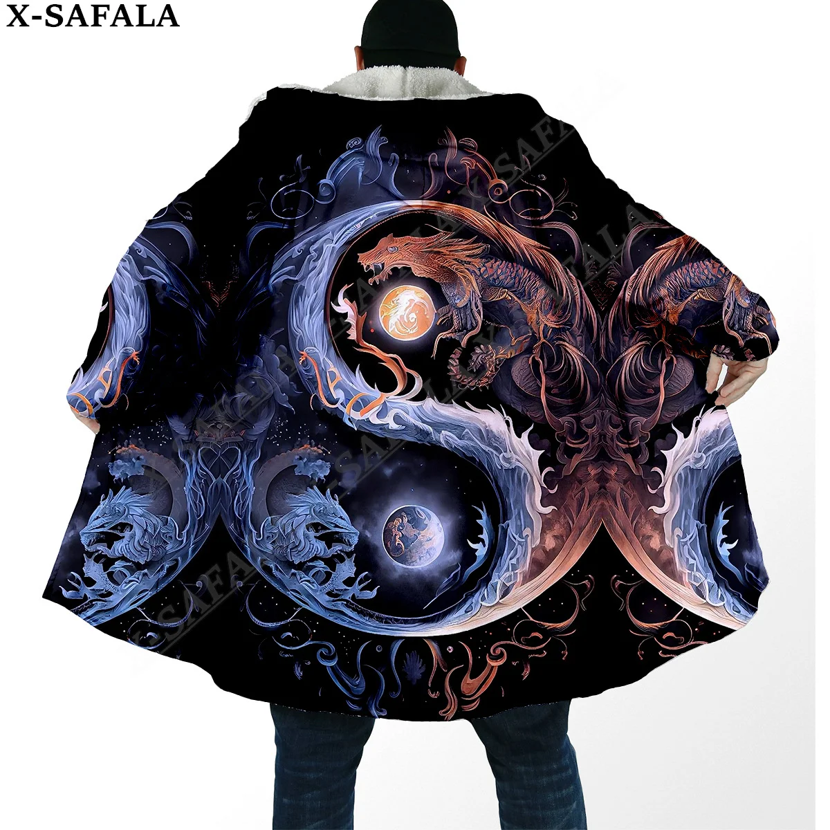 Yin And Yang Dragon Tai Chi Eight Trigrams Overcoat Coat 3D Print Thick Warm Hooded Cloak  Men Windproof Fleece Unisex Casual-10