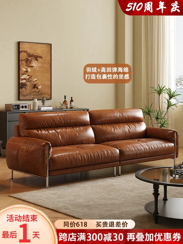 

Vintage leather sofa in the living room, simple high back, designer retro caramel color oil wax leather sofa straight row