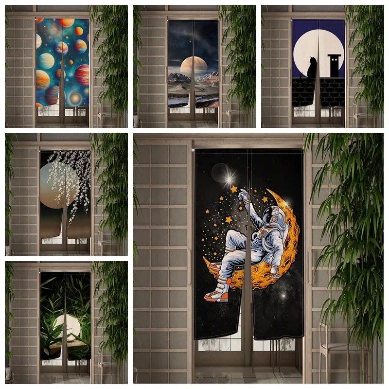 Moon Night Astronaut Door Curtain Japanese Noren Doorway Curtains Kitchen Lzakaya Entrance Hanging Half-Curtain Room Decorations