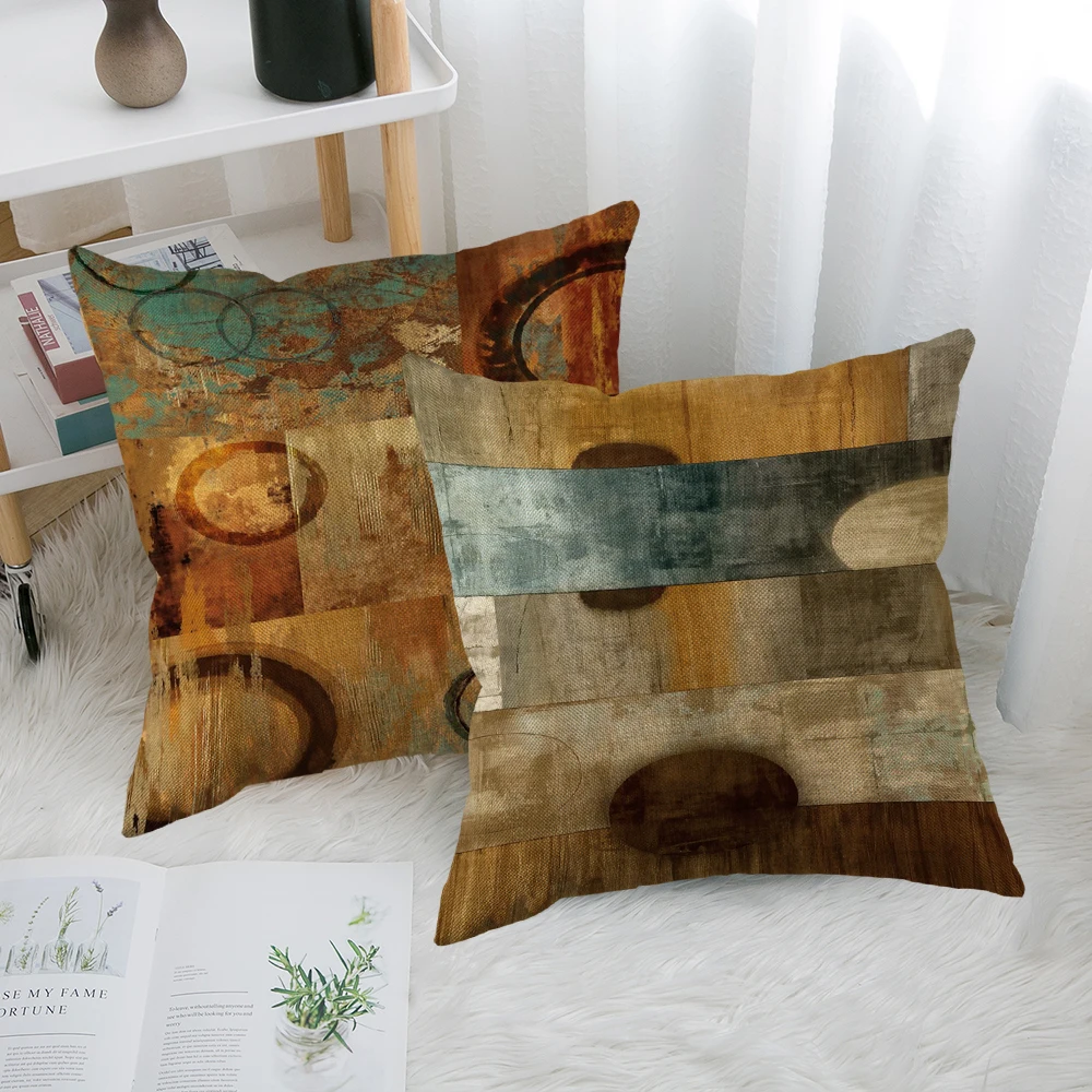 Brown Teal Geometric  Print Linen Throw Pillowcases Boom Single Printed Pillow Cover For Living Room Bedroom Couch Sofa
