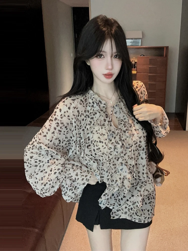 Retro Lace Trim Belted Leopard Print Loose Semi-Transparent Long Sleeve Chiffon Top Stylish Outerwear Casual V-Neck Women's S...