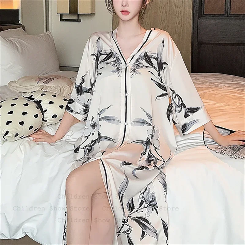 

Chinese Style Sleepshirt Print Home Dressing Gown Rayon Sleepwear Women Summer New Pajamas Single Breasted Nightgown Lingerie