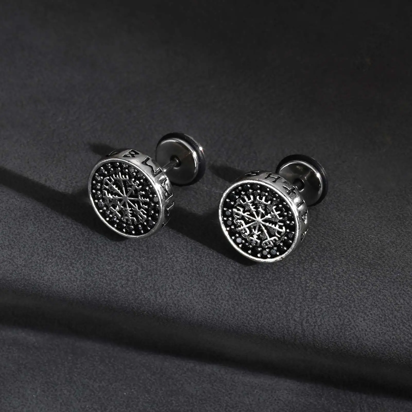 Vintage Gothic Norse Viking Stud Earrings for Men Boys, Rock Punk Runes Round Earrings, Fashion Piercing Jewelry Gift