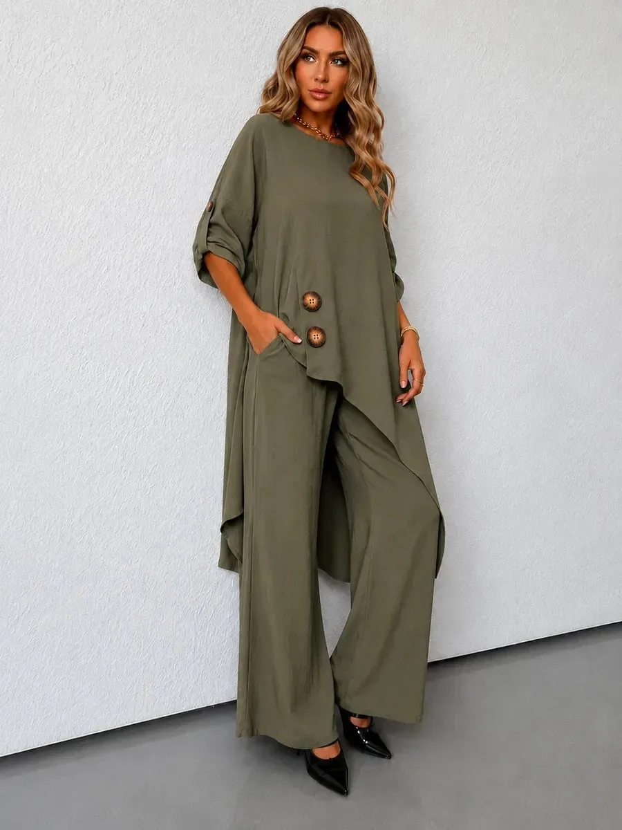 Women's Casual 2-Piece Outfit Irregular Hem Tunic Top with Roll up Sleeves And Wide Leg Pants Set