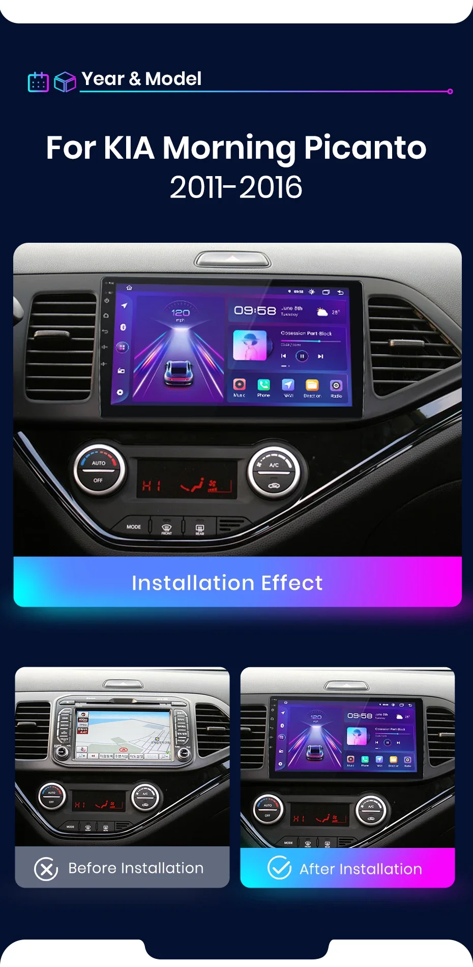Junsun AI 4G LTE Kabelloses CarPlay Android Auto Autoradio für KIA Morning Picanto 2011 2012 2013 2014-2016 GPS Navi BT DSP RDS FM – Detail 3