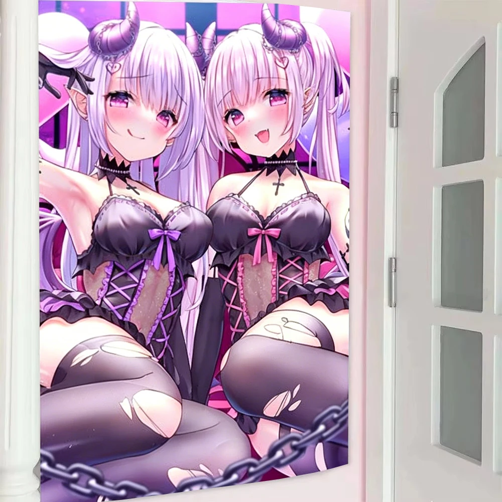 1pc 2D Galagame Twin Purple Horn Devil Girls Kawaii Anime Tapestry Pink Wall Art Aesthetic Room Decor for Bedroom Dorm Girls