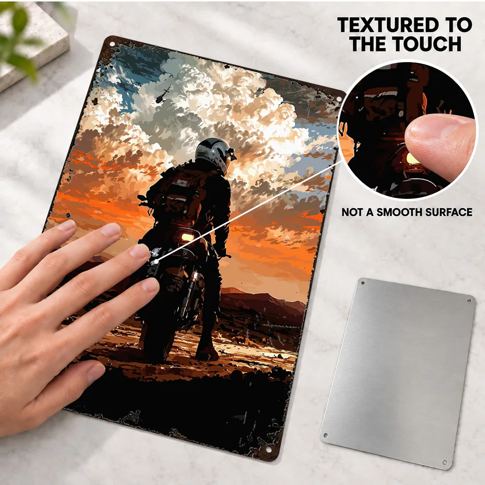 Motorcycle Rider At Sunset Printed Poster Personalized Aluminum Metal Sign Decorative Sporting Theme Wall Art For Man Cave Decor