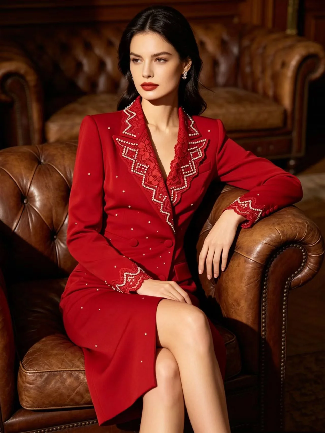 Red Crystals Women Suit Skirt 1 Pcs Long Blazer Prom Dress Spring Cotton Formal Office Lady Jacket Customized Wedding Coat