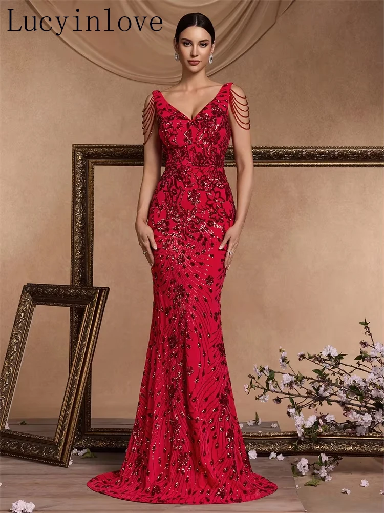 

Lucyinlove элегантные вечерние платья с v-образным вырезом и блестками, роскошные женские платья 2025, расшитые бисером, свадебная вечеринка, коктейльные платья русалки для выпускного вечера