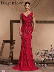 Lucyinlove Elegant V-Neck Sequins Formal Evening Dresses Luxury Women 2025 Beading Wedding Party Mermaid Cocktail Prom Gowns
