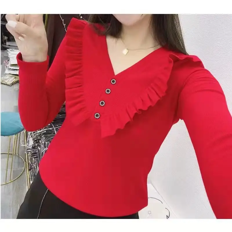 Office Lady Fashion elegante t-shirt lavorata a maglia primavera Atumn scollo a v sottile scollo a v solido semplice pullover femminile Top Tees