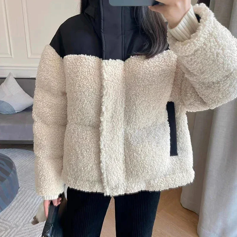 

Women Hooded Jacket Color Contrast Stand Collar Long Sleeve Zipper Loose Autumn Winter Coat