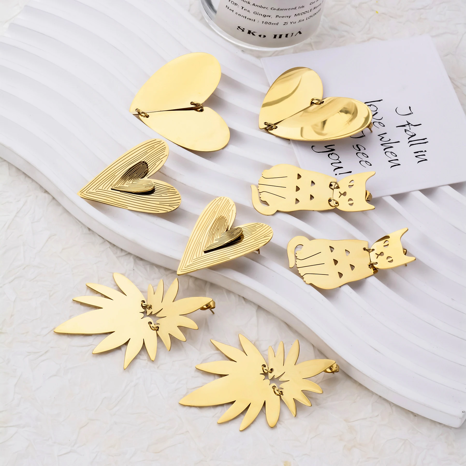 Stainless Steel Animal Earrings For Women Double Layer Splicing Love Maple Leaf Pendant Earrings Waterproof Jewel