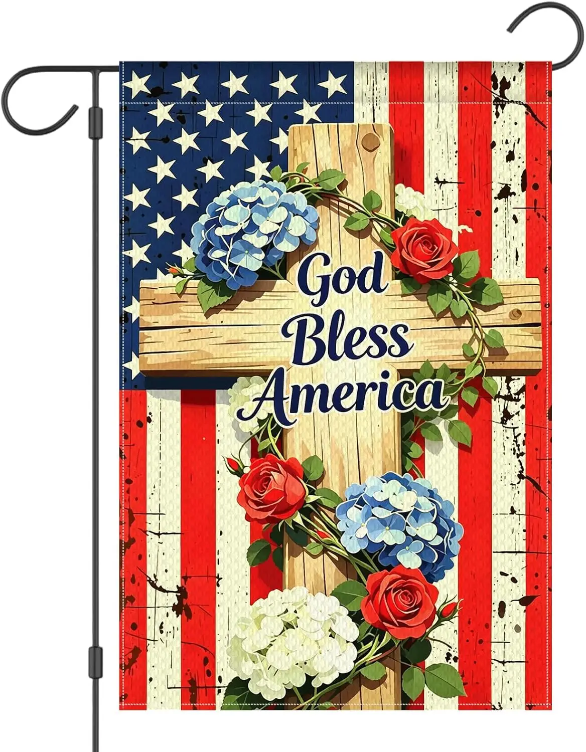 God Bless America 4th of July Garden Flag 12x18 Inch Double Sided Patriotic Flowers Cross Vintage American Flag Outdoor Deco PPZ