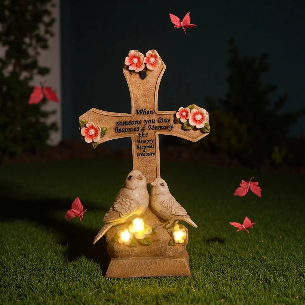 

Solar Retro Cross Couple Bird Sculpture Garden Courtyard Decoration Resin Cemetery Tombstone Ornament Outdoor Statistic Art