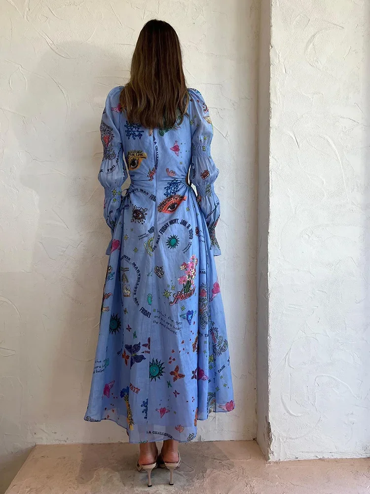 Print Beach Dress Women O-neck Long Lantern Sleeve Hollow Out O-neck High Waist Dresses Female Summer 2023 Colorful A-line Robe