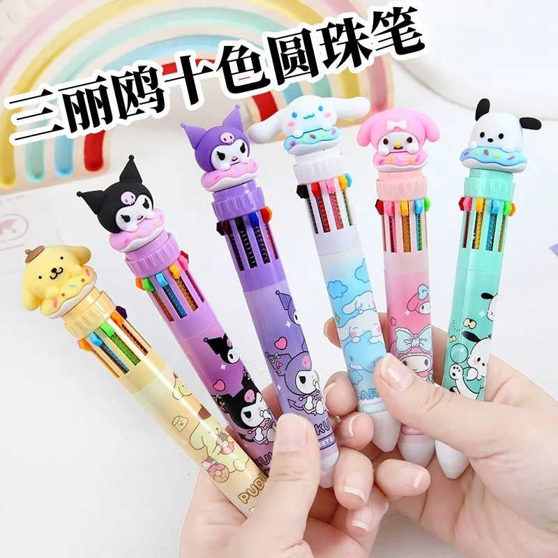 

6pcs Sanrio Hello Kitty Press Ten Color Ballpoint Pen Cartoon Kuromi Multi-color Students Gel Pen Stationery Writing Cute Pens