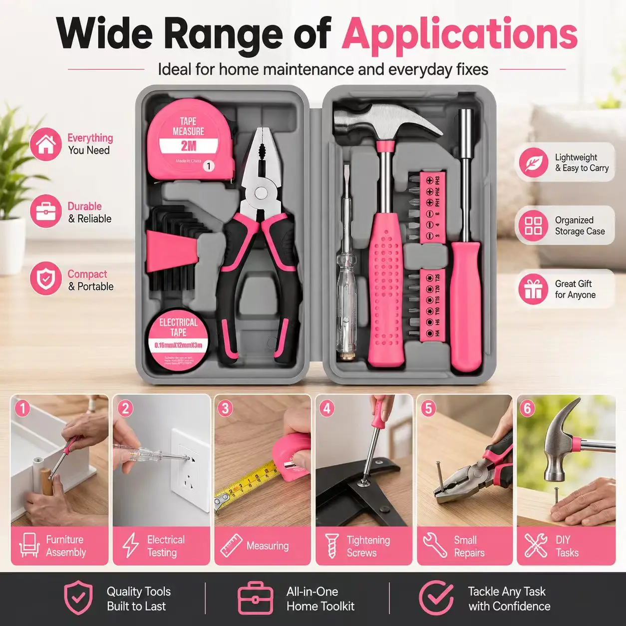 Pink 24 Piece Repair Tool Set With Storage Case For Home DIY Handwork