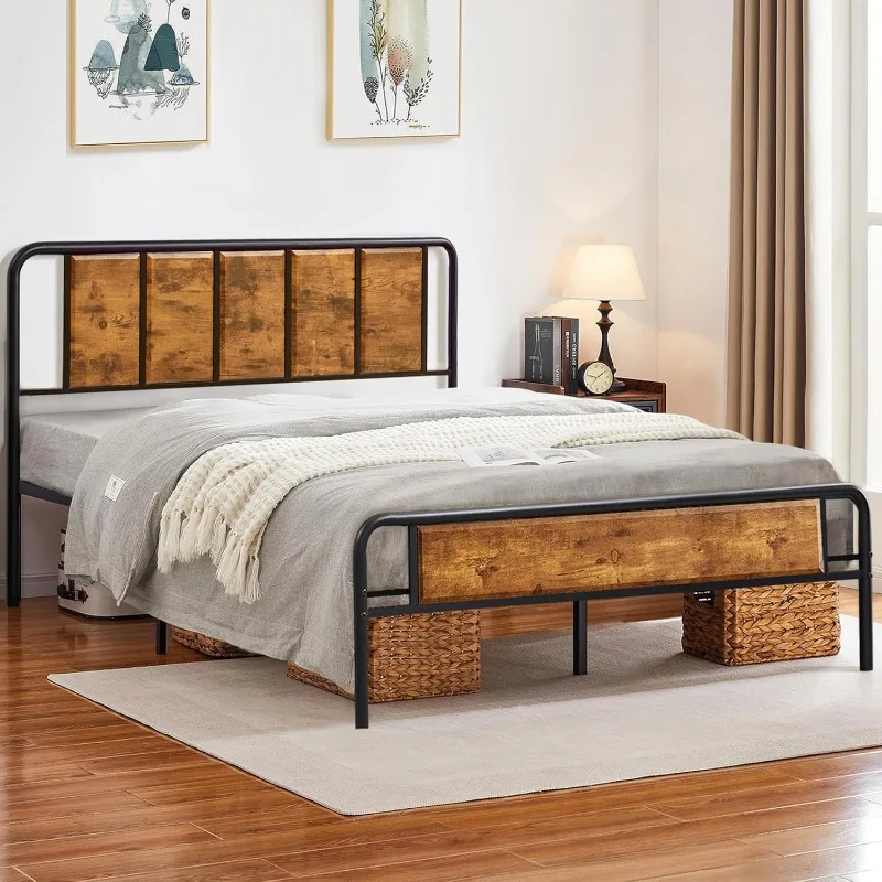 Bed Frame Metal Platform with Wood Headboard & Footboard, Heavy Duty Steel Slats Support/Easy Assemble image 2