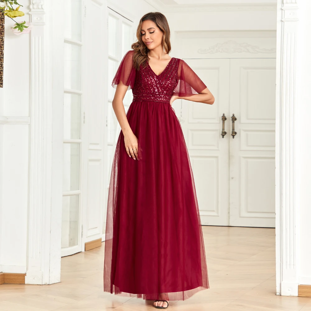 Plus Size 2023 New V-Neck Burgundy Evening Dresses A-Line Tulle Sequin Short Sleeve Wedding Party Long Dress