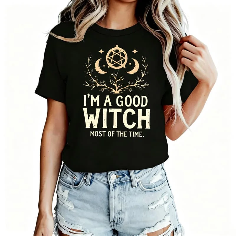 I'M Agood Witch Most of the Time Printed Women's T-Shirt 100% Cotton Funny Graphic Short Sleeve Tee Novelty Shirt Casual Crew Neck Top S-5Xl