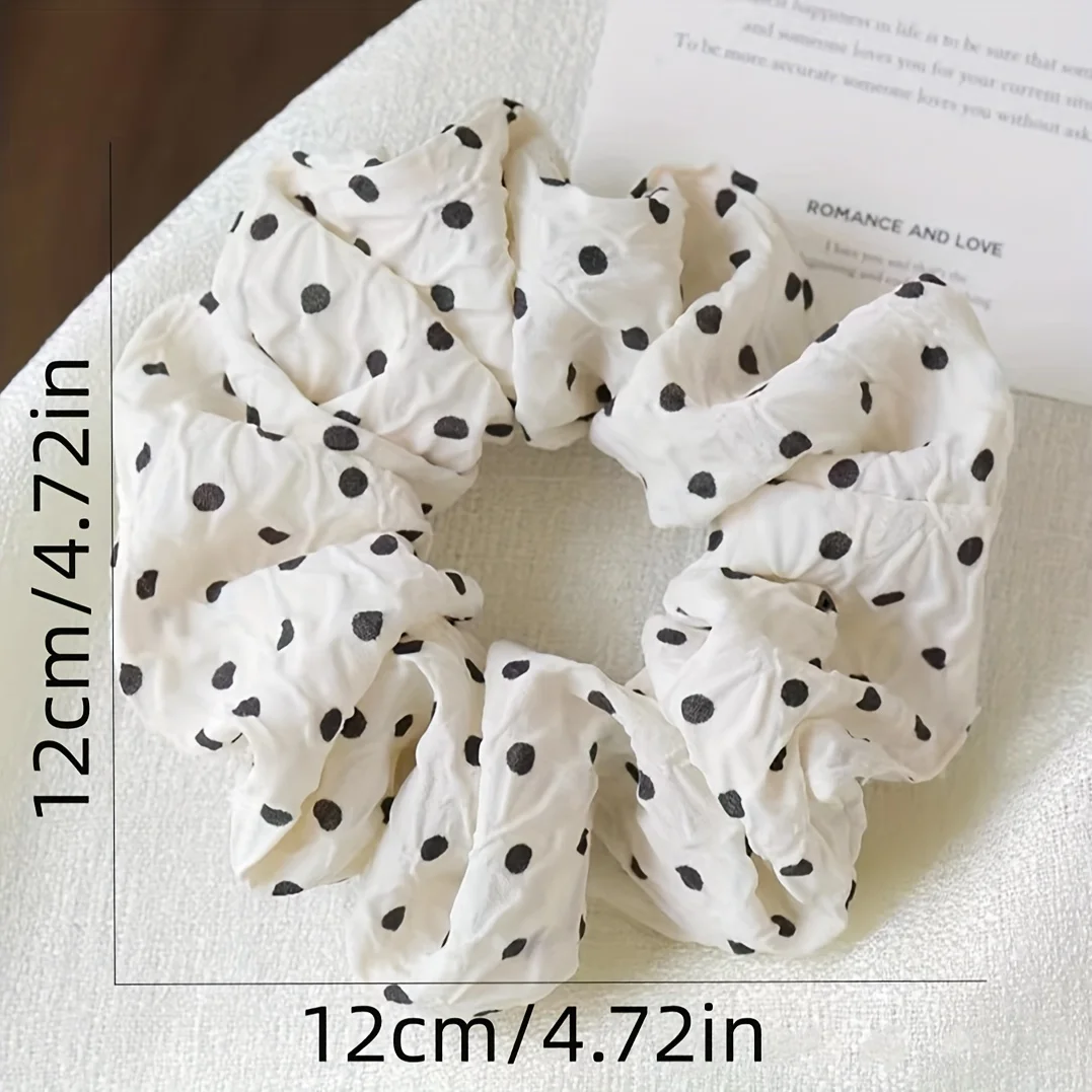 2 Buah Ikat Rambut Scrunchies Polka Dot Hitam & Krem - Aksesori Rambut Elastis Minimalis Retro