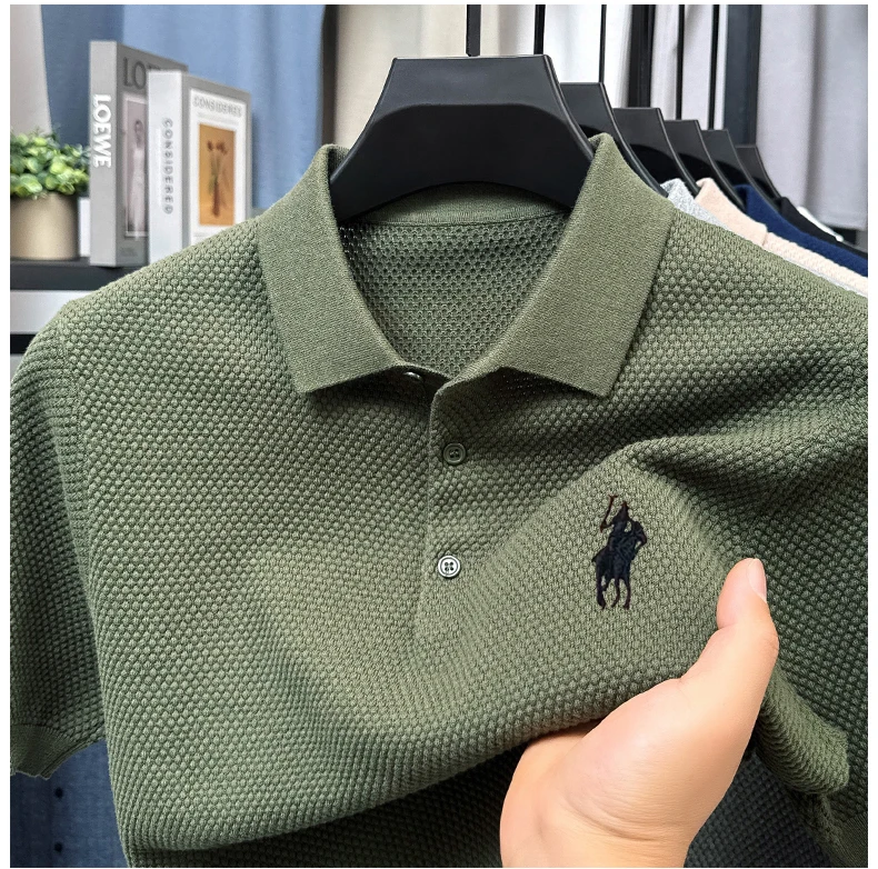 تي شيرت قطني بياقة 2025 صيفي فضفاض للأعمال بأكمام قصيرة وتطريز كاجوال للرجال