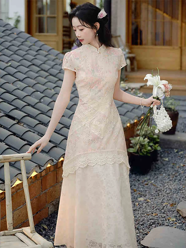 

Новое китайское платье макси с цветочным принтом для женщин: модное, универсальное, улучшенное, для повседневной носки, элегантное, длинное.