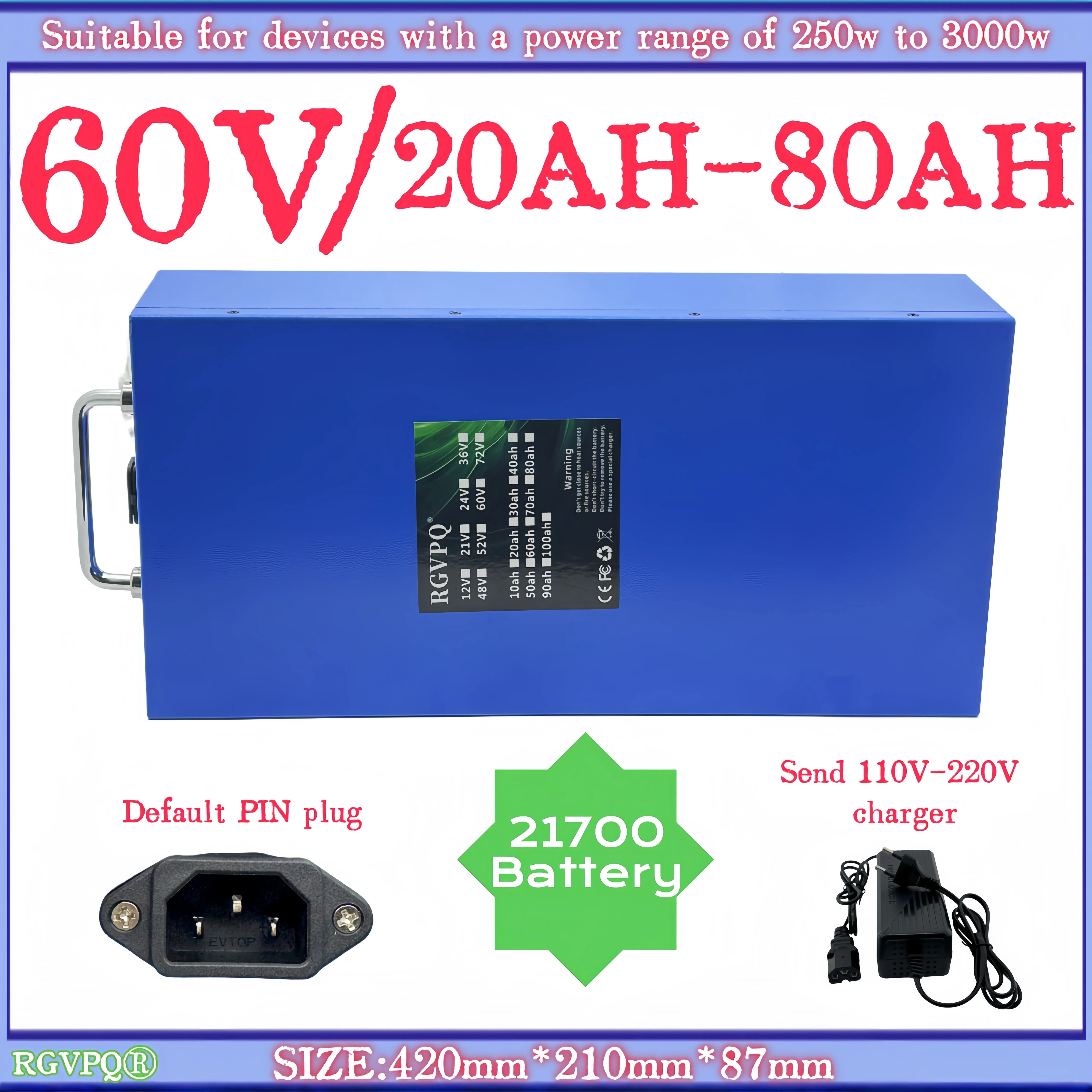 

New blue iron box 60V21700 lithium battery 20AH80AH large capacity, built-in BMS, suitable for motorcycles, storage power supply