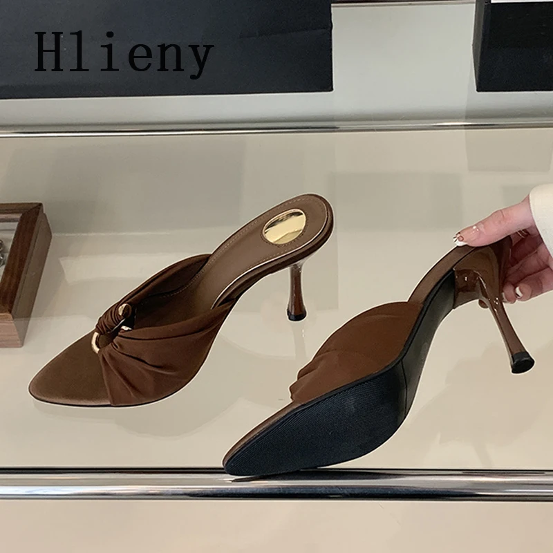 Hlieny Design Metal Buckle Slipper Modern Womens Fashion Summer High Heels Sexy Pointed Toe Nightclub Sandals Stripper Shoes