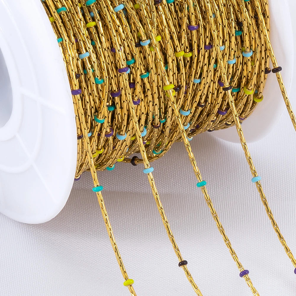 

1M Stainless Steel Gold Wire 1mm Thin Chain With Colored Glass Beads for Bracelets Chain Necklace DIY Jewelry Making Accessories