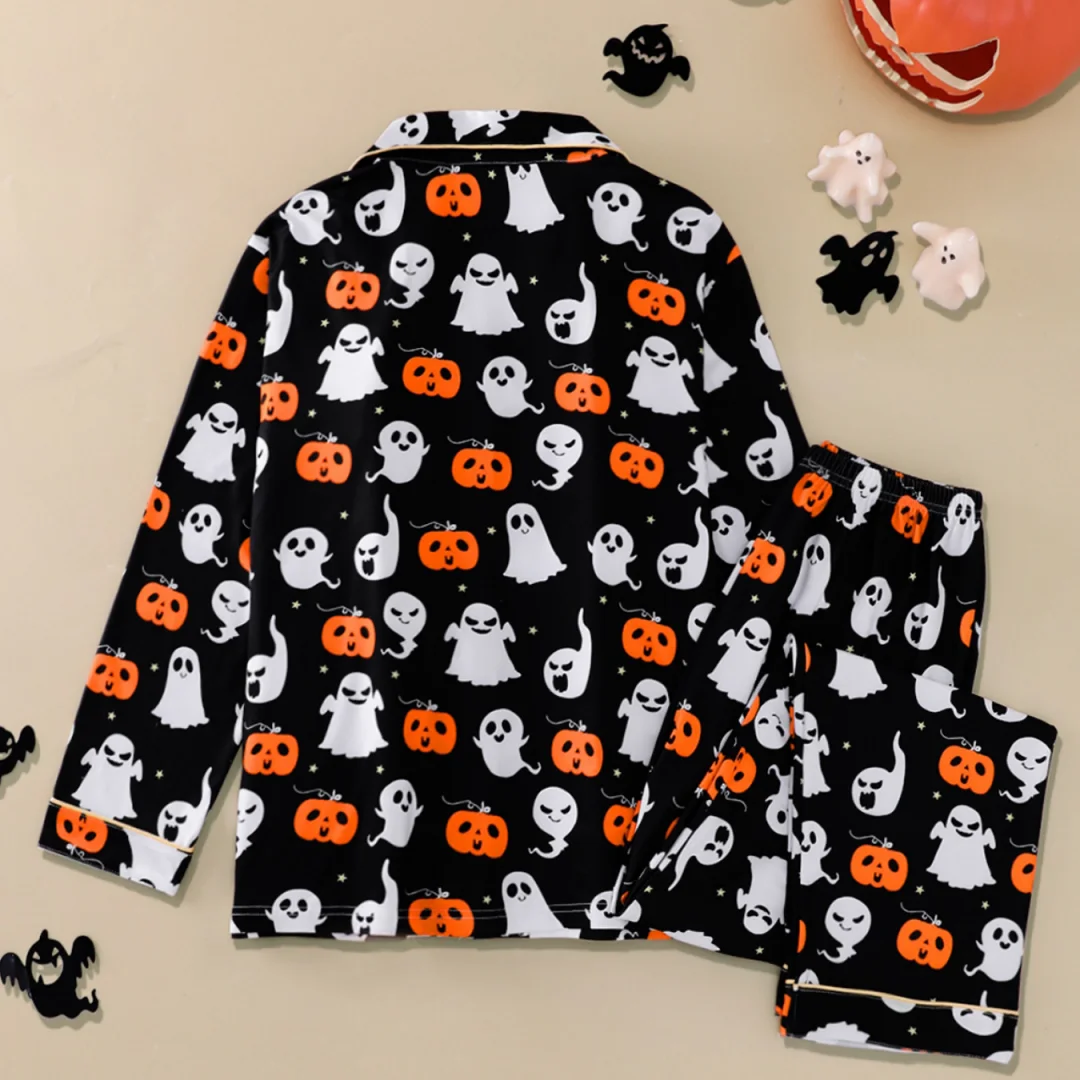 Пижама на тему Хэллоуина с черным принтом тыквы и призрака, брюки с длинными рукавами, весенне-осенний комплект домашней одежды для женщин