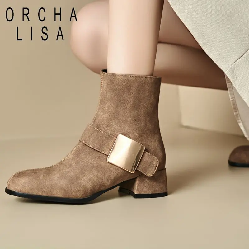 

ORCHA LISA 2025 Женские модные ботильоны с круглым носком, 4 см, блочные каблуки, молния, металлическое украшение, большие размеры 46-48, повседневные ботильоны