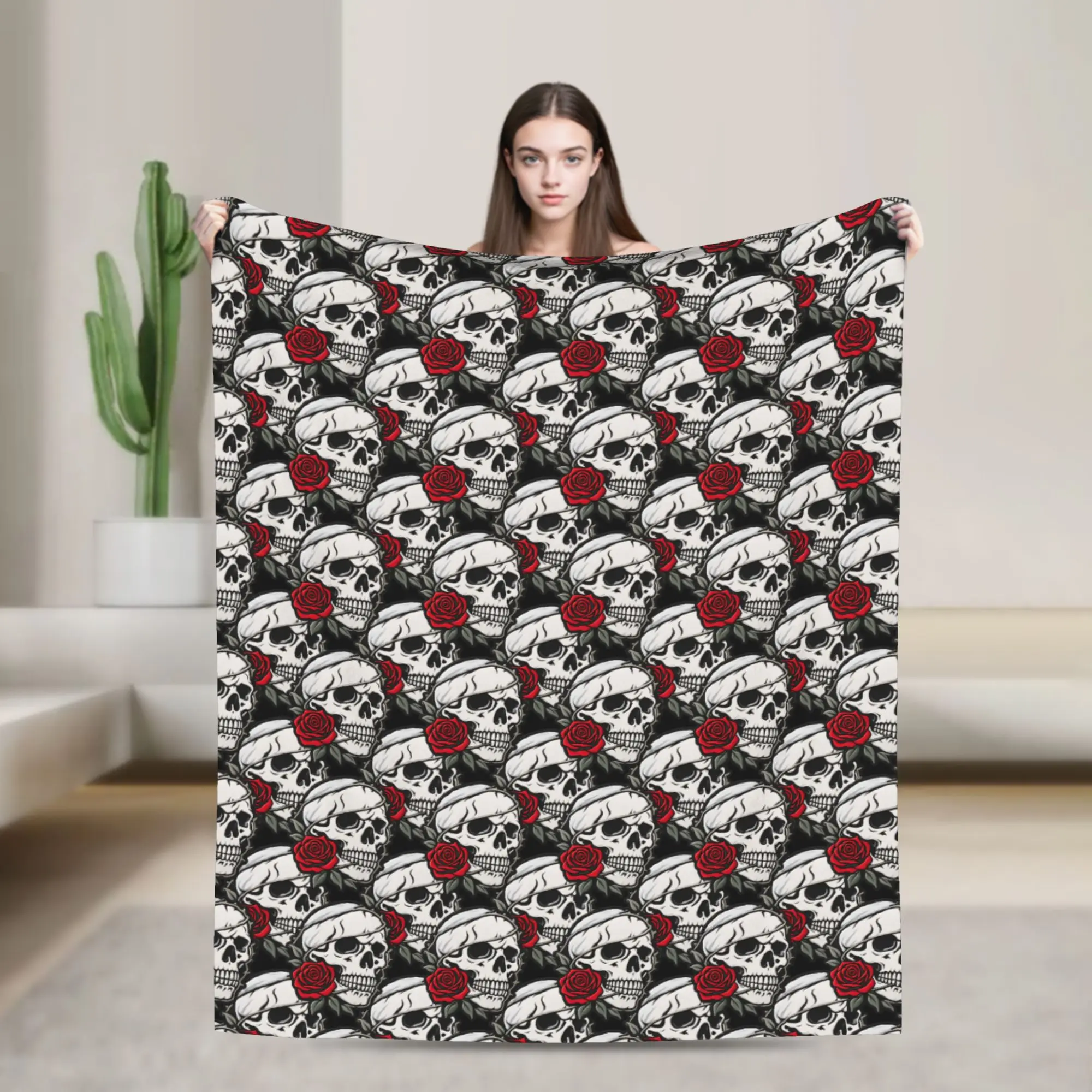 Halloween Theme Skull Bandage Red Rose Flannel Blanket Winter  Super Warm Throw Blanket Living Room Bedspread Sofa Bed Cover