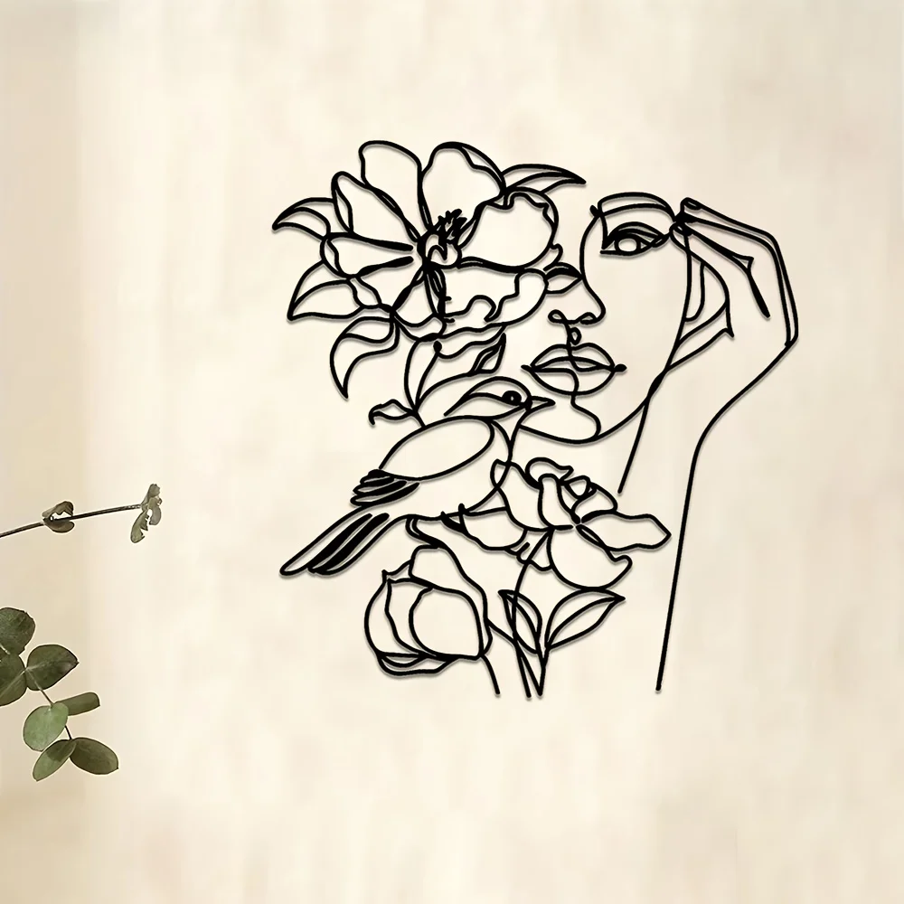 

[2D Плоский] Современный металлический настенный декор | Элегантный силуэт женского лица и цветочного узора, черно-белый минималистичный дизайн.