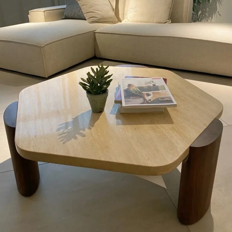 Medieval solid wood travertine coffee table living room home light luxury designer special-shaped marble coffee table
