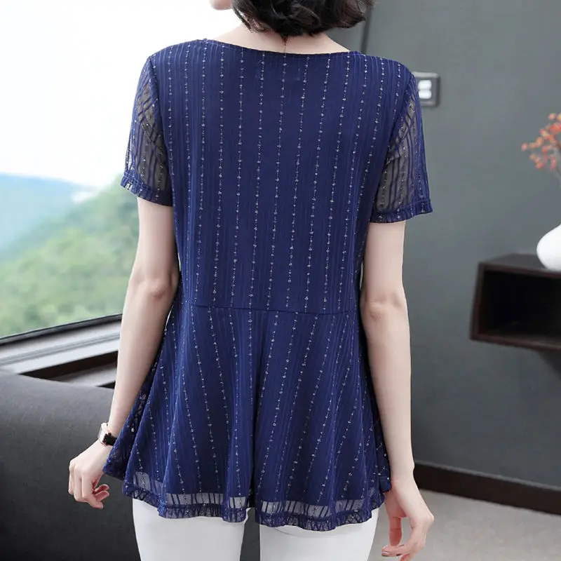 Elegant Commute Female Solid Color Bright Silk T-shirt Women's Clothing Summer Short Sleeve Fashion Casual V-Neck Gauze Tops image 2