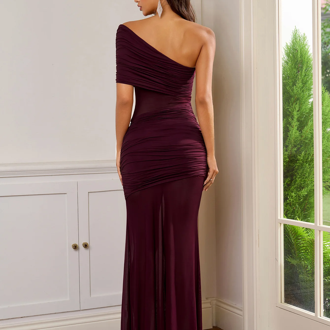 فستان Mingmingxi طويل للحفلات للنساء، فستان شفاف شبكي مثير، فستان أنيق بكتف واحد مكشكش لحفلات أعياد الميلاد #2