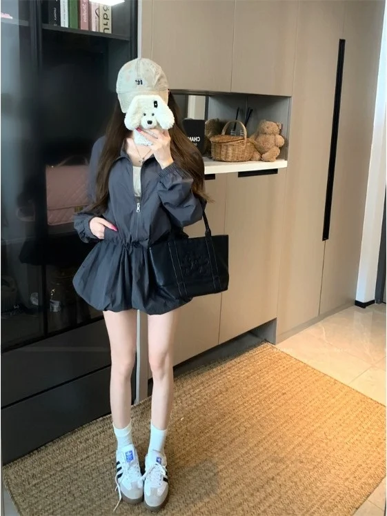 Faionable Cappotto estivo casual con cerniera e gonna a bocciolo di fiori Set da due pezzi per donna Sottile Sle Pendolarismo Sle Lungo Sve