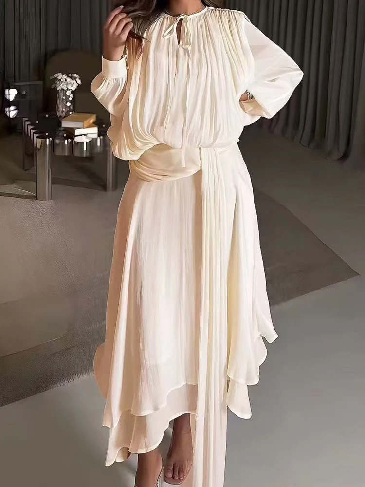 Robe rétro couleur unie, col rond, manches longues, taille, nouvelle couverture plissée, viande, ruban mince, grande balançoire, robe irrégulière, automne.