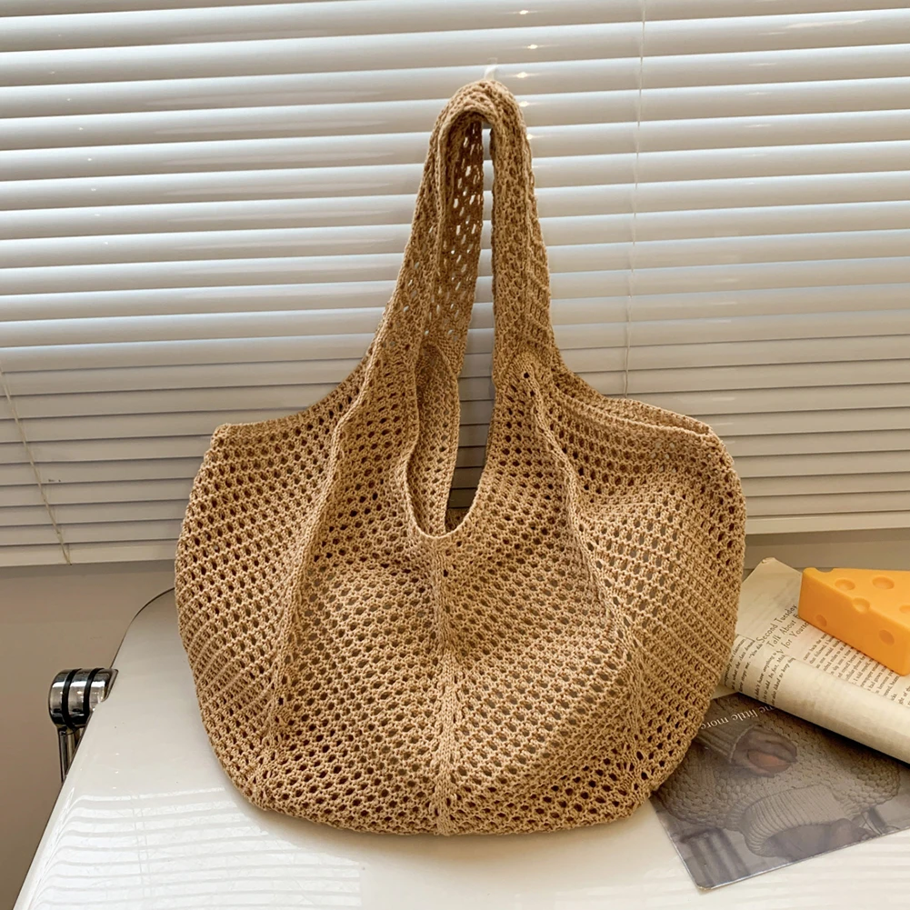 

Women Crochet Tote Bag Mesh Beach Bag Large Capacity Fashion Knitted Bag Solid Color Hollow Out Tote Bag for Travel Vacation