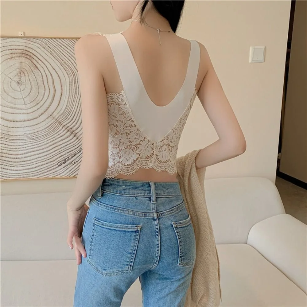 

Fashion Mesh Thin Lace Deep V Camisole Transparent Slim Fit Lace Crop Tops Undershirt Sleeveless Camisole with Pads Women