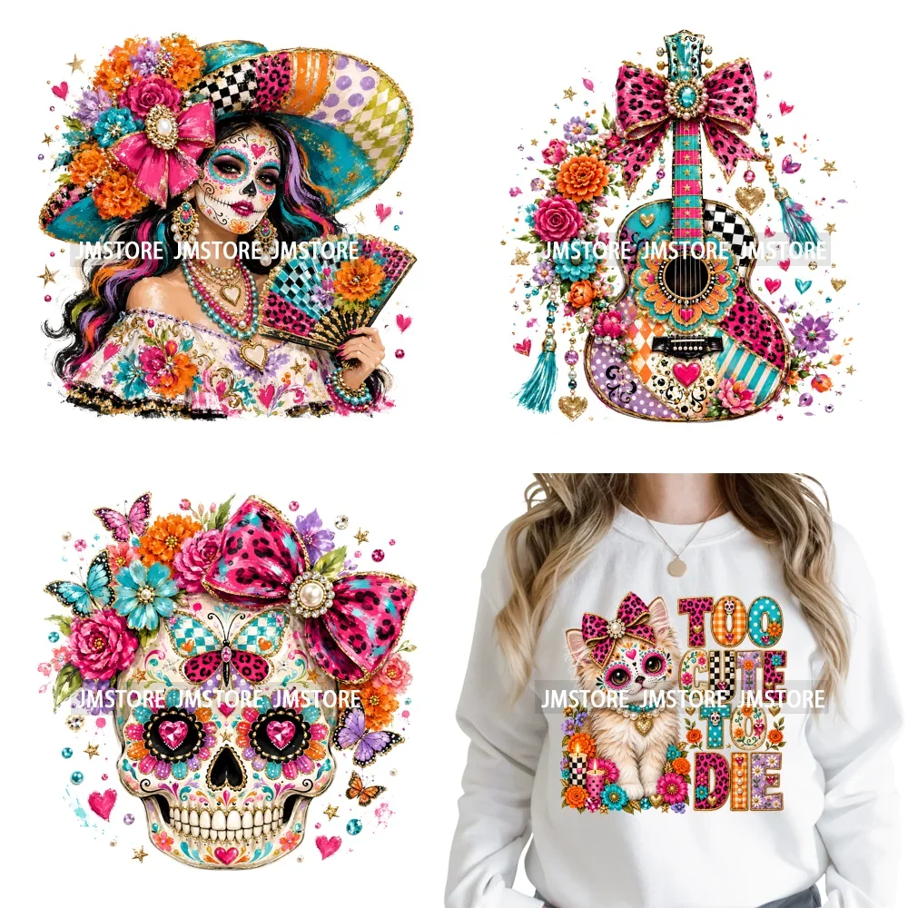 Colorful Sugar Skull Mexican Fiesta Floral Day Of Dead Iron on Washable DTF Transfer Sticker Printing Ready to Press for Clothes