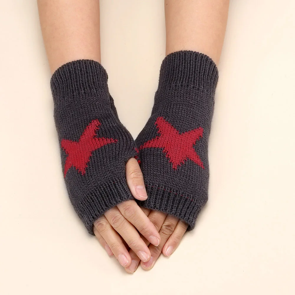 Autumn Winter Knitted Woolen Gloves Ins Fashion Y2K Men\'s Women\'s Half Finger Warm Five Pointed Star Fingerless Gloves Unisex