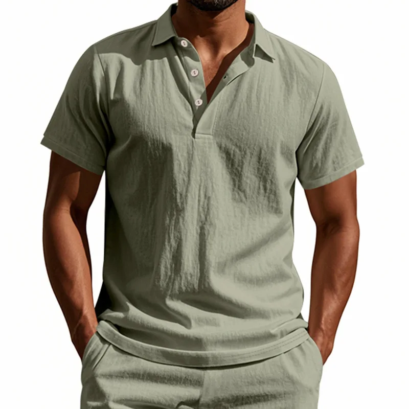 2025Summer New Men's Shirt British Style Loose Trendy Breathable Linen Casual Polo Collar Series POLO Shirt Short Sleeve