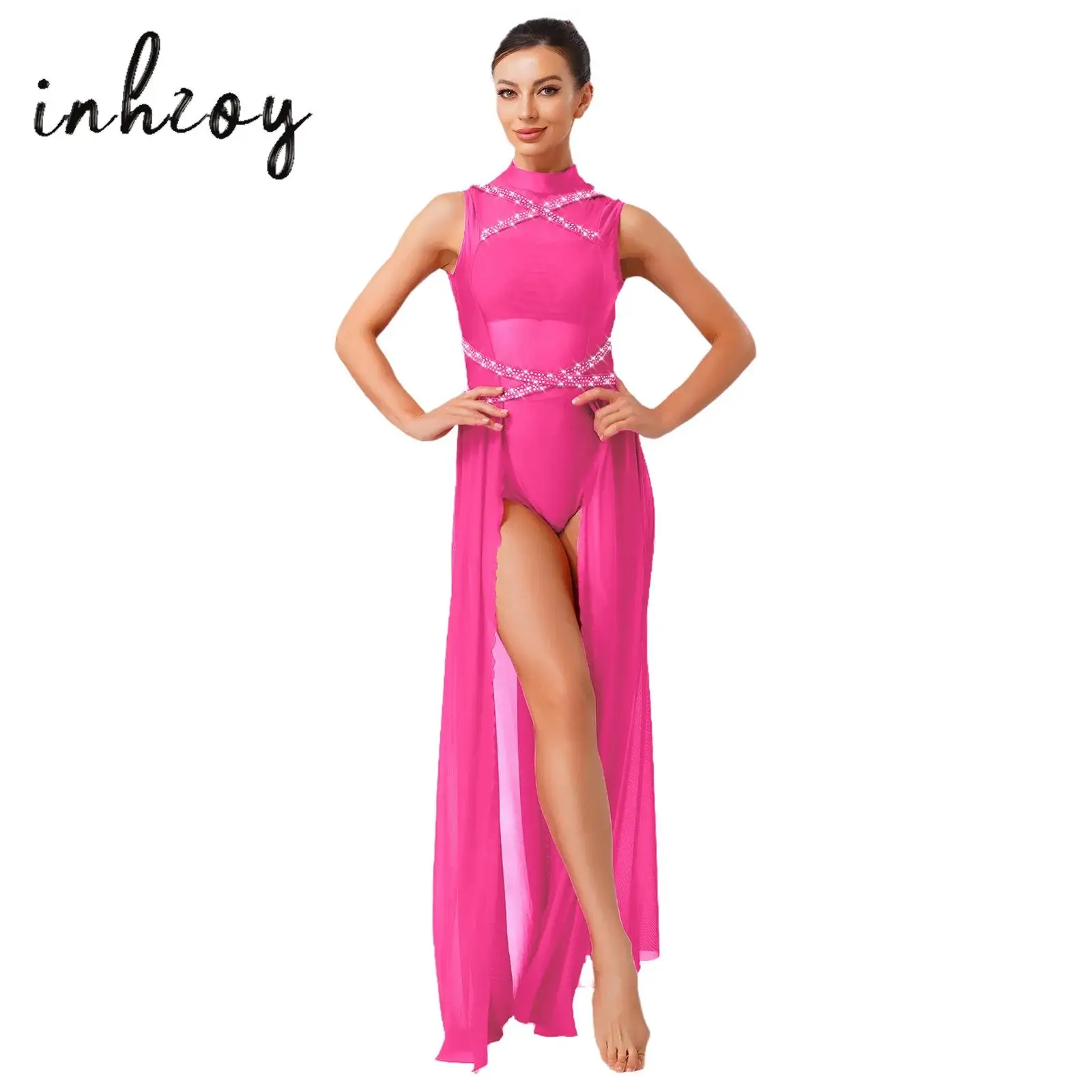 

Women Lyrical Modern Dance Leotard Dress Solid Color Sleeveless Crossed Rhinestone Embellished Backless High Waist Dance Dress