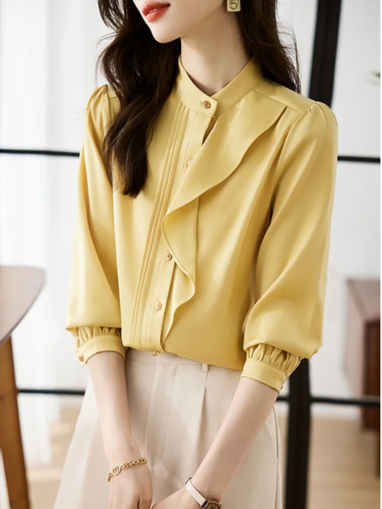 #3222 Yellow Office Shirts Stand Collar Split Joint Ruffles Chiffon Blouse Femme Long Sleeve Elegant Single Breasted Shirt Women